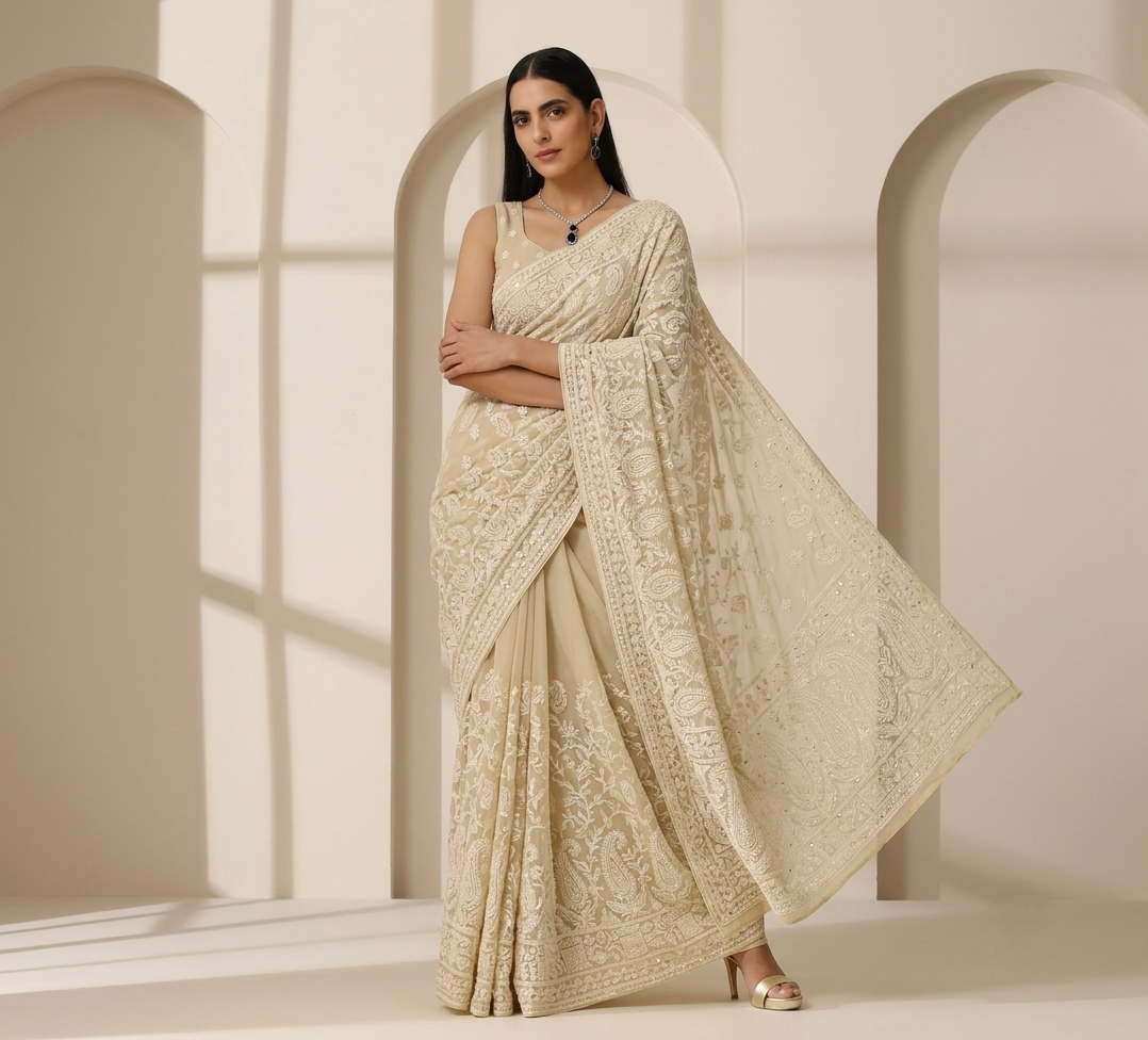 Off-White Yellow Georgette Chikankari Embroidery Saree, With Unstitched Blouse