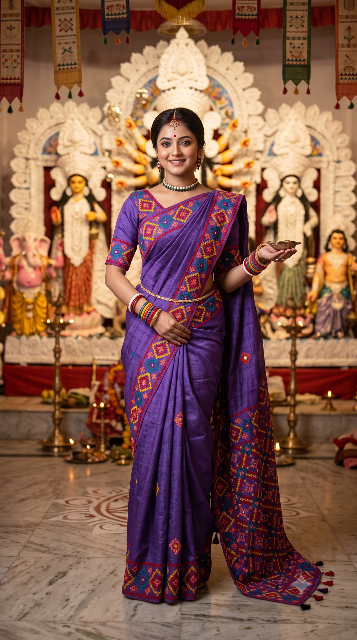 Purple Tussar Hand Embroidery Saree, With Unstitched Blouse