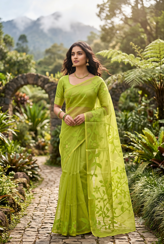 Lime green muslin Dhakai saree by Saarang Sarees, traditional wear without blouse, showcasing intricate patterns and lightweight fabric.