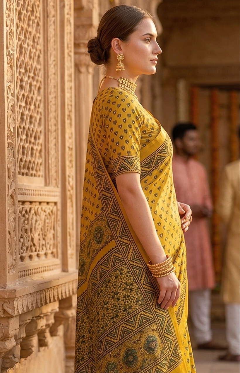 Yellow Pure Modal Silk Ajrakh Printed Saree With Unstiched Blouse