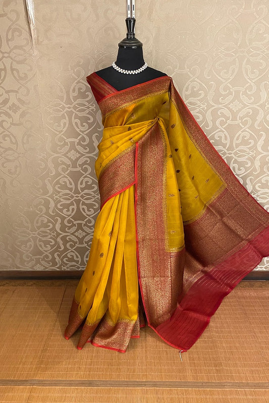 Mustard Yellow Kora Banarasi Silk Saree, With Unstiched Blouse