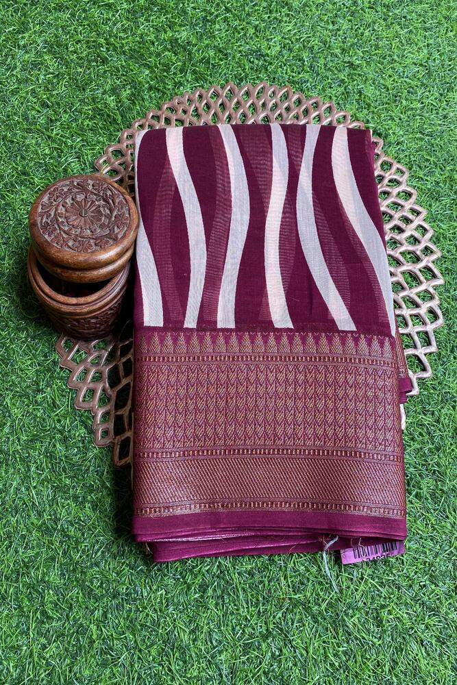 Elegant Wine Cotton Chanderi saree with intricate traditional patterns, paired with an unstiched blouse from Saarang Sarees.