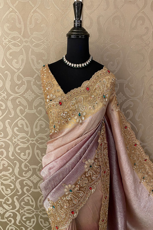 Pink & Purple Banarasi Silk Sarees With Embroidery Work, With Unstiched Blouse - Saarang Sarees