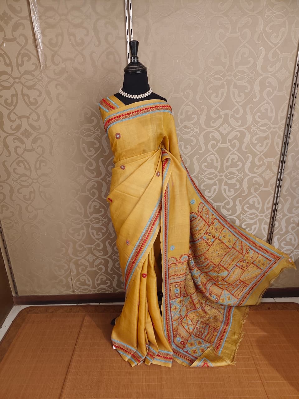 Mustard Yellow Tussar Embroidery Saree With Lambani Work Border, With Unstitched Blouse