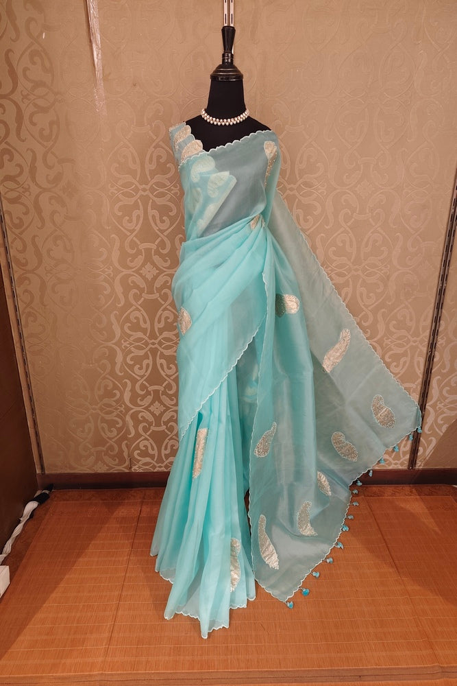 Sky Organza Saree With Appliqué Work, With Two Unstitched Blouse