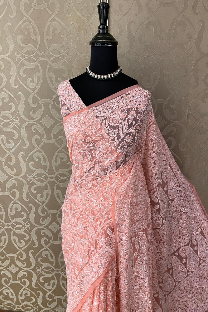 Peach Georgette Hand Chikankari Work Saree, With Unstiched Blouse