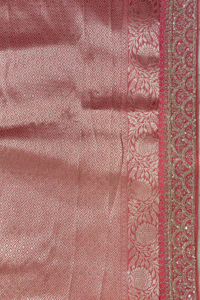 Pink Banarasi Silk Saree With Embroidery Border Work, With Unstiched Blouse