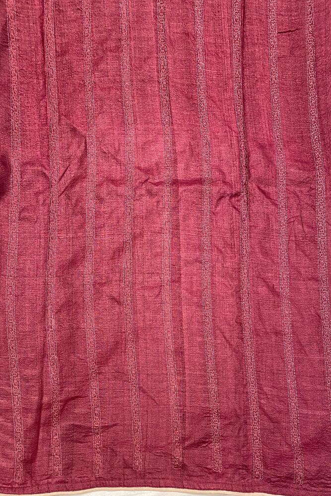 Wine Tussar Saree With Organza Applique Work, With Unstiched Blouse