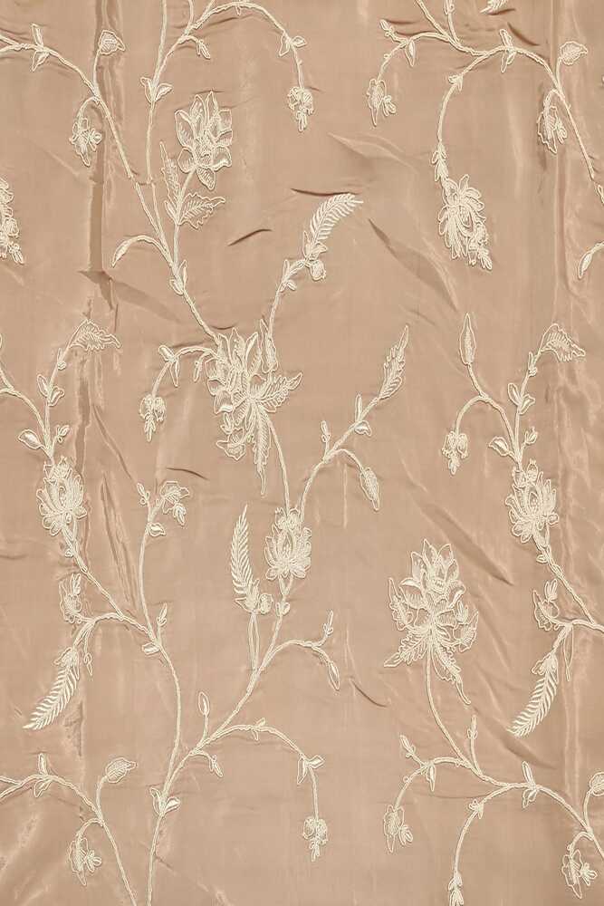 Light brown organza silk saree with resham embroidery and unstiched blouse, perfect for party wear by Saarang Sarees.