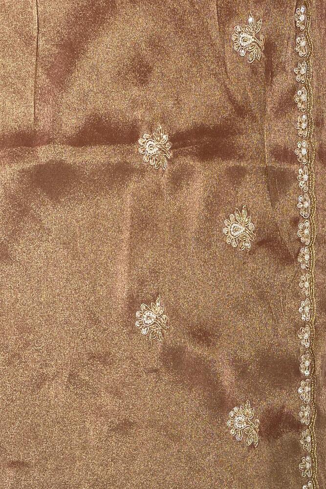 Golden Brown Tissue Silk Embroidery Saree, With Unstiched Blouse