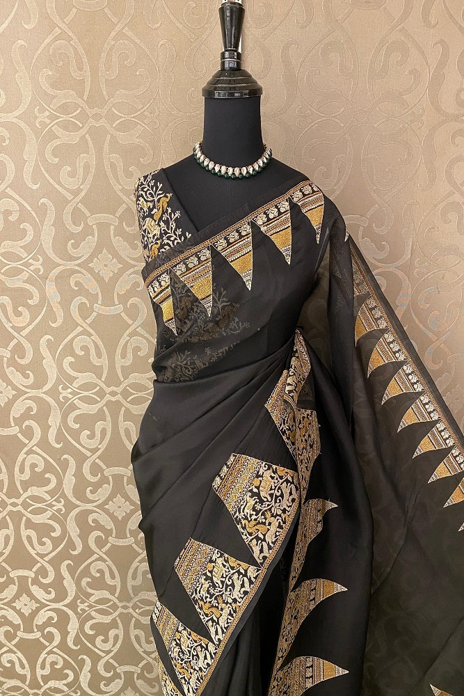 Black Organza Printed Saree With Pita Zari Border, With Unstiched Blouse