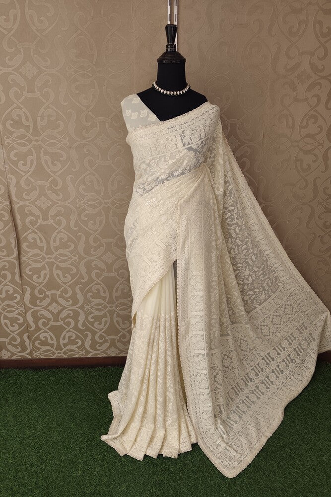 Off-White Georgette Saree With Chikankari Embroidery, Unstitched Blouse