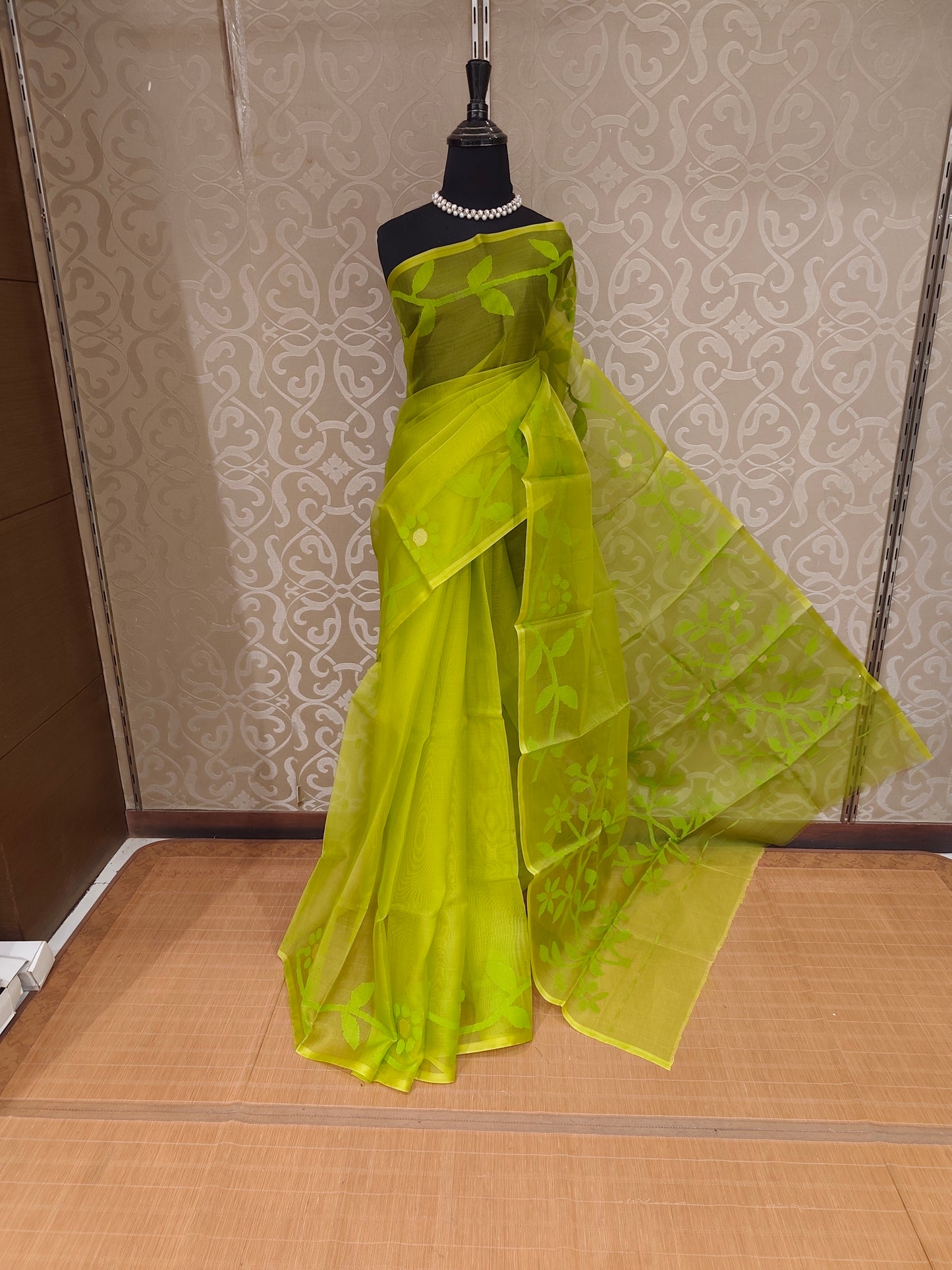 Lime Green Muslin Dhakai Saree, Without Blouse