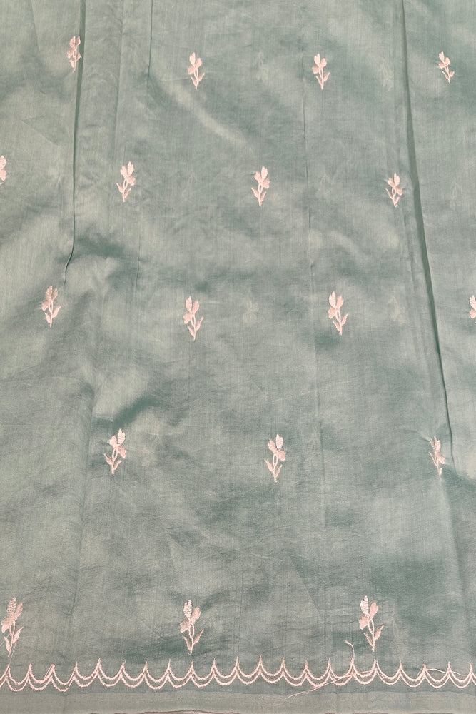 Off-White & Blue Organza Saree With Appliqué Work, With One Unstitched Blouse