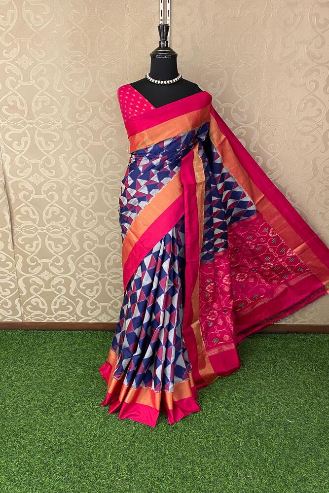 Elegant Multi Pochampally Ikat silk saree with intricate patterns, paired with an unstiched blouse, traditional wear from Saarang Sarees.