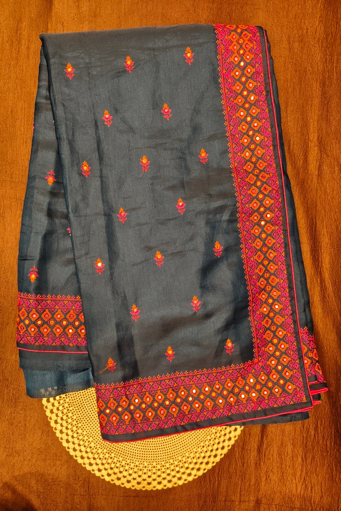 Deep Blue Semi Munga Silk Cross Stitch Work Saree, With Unstiched Blouse