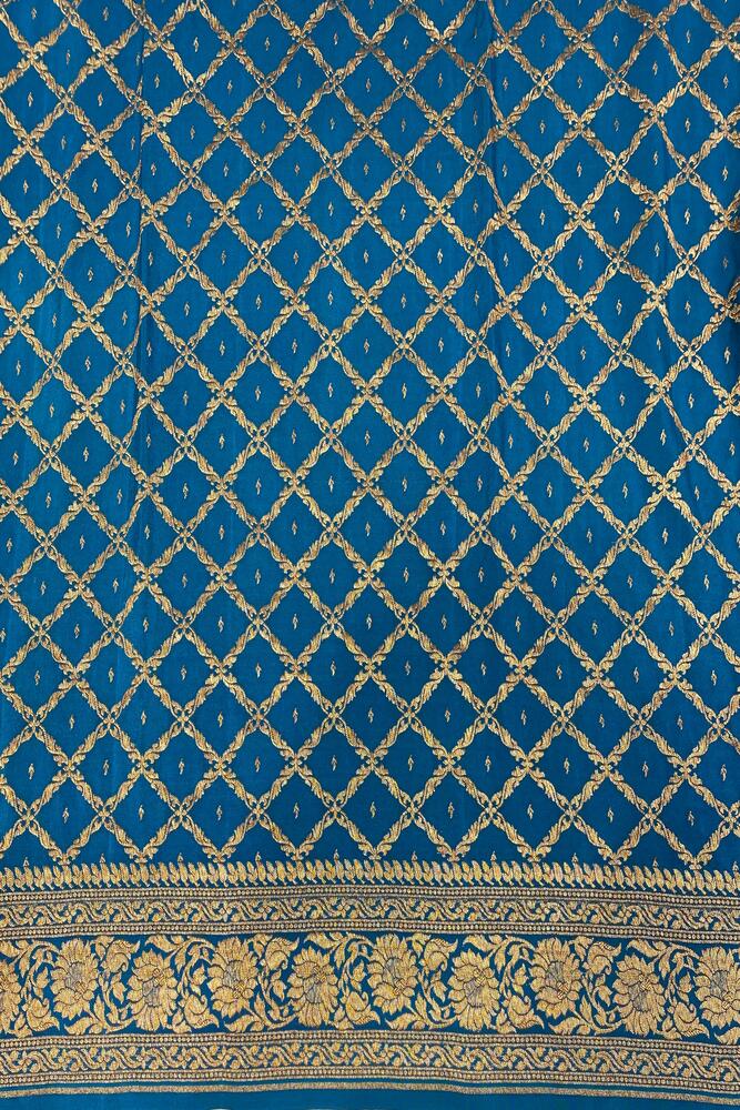 Royal Blue Crepe Khaddi Banarasi Silk Saree With Unstiched Blouse