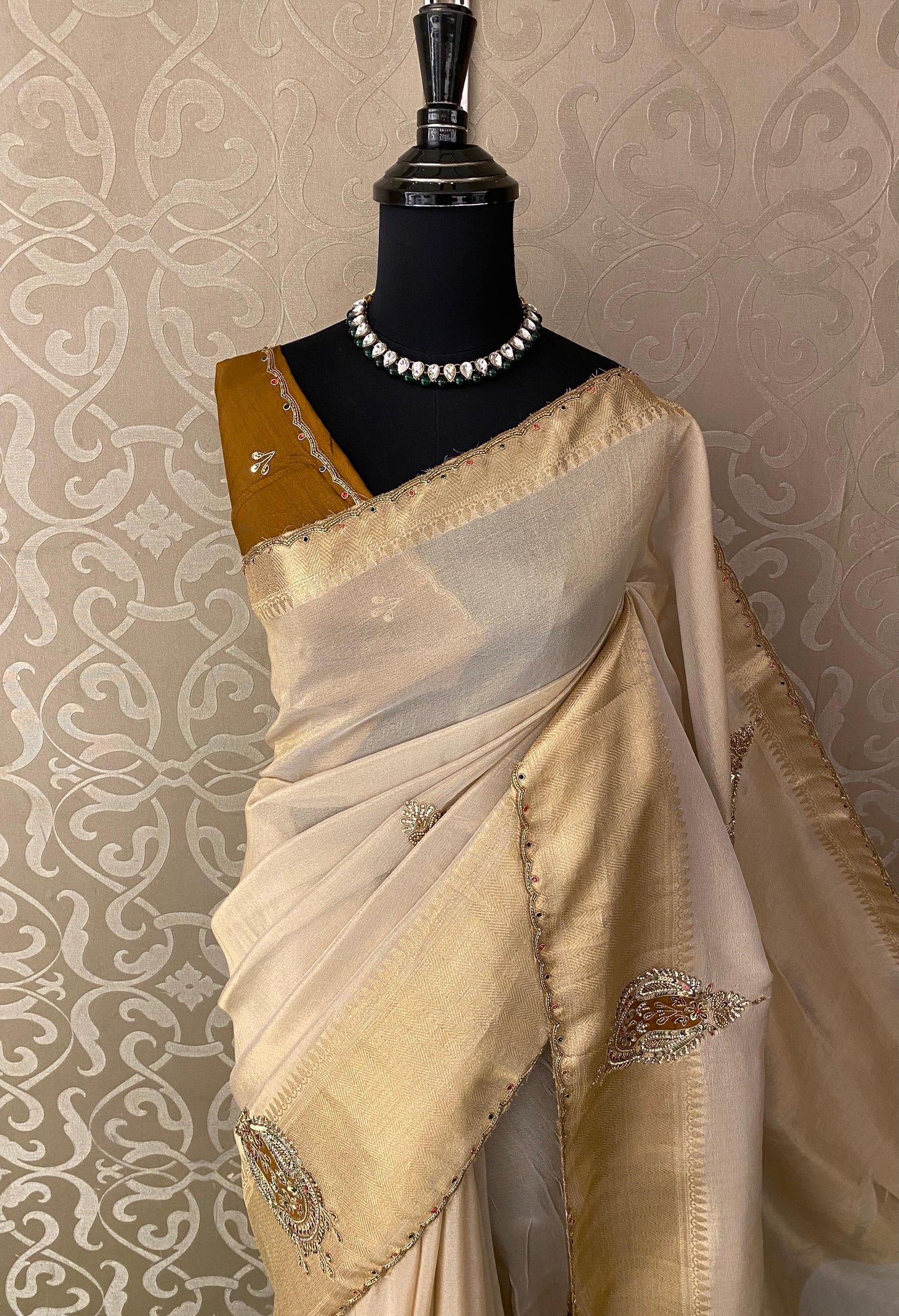 Offwhite Tissue Silk Embroidery Saree, With Unstiched Blouse