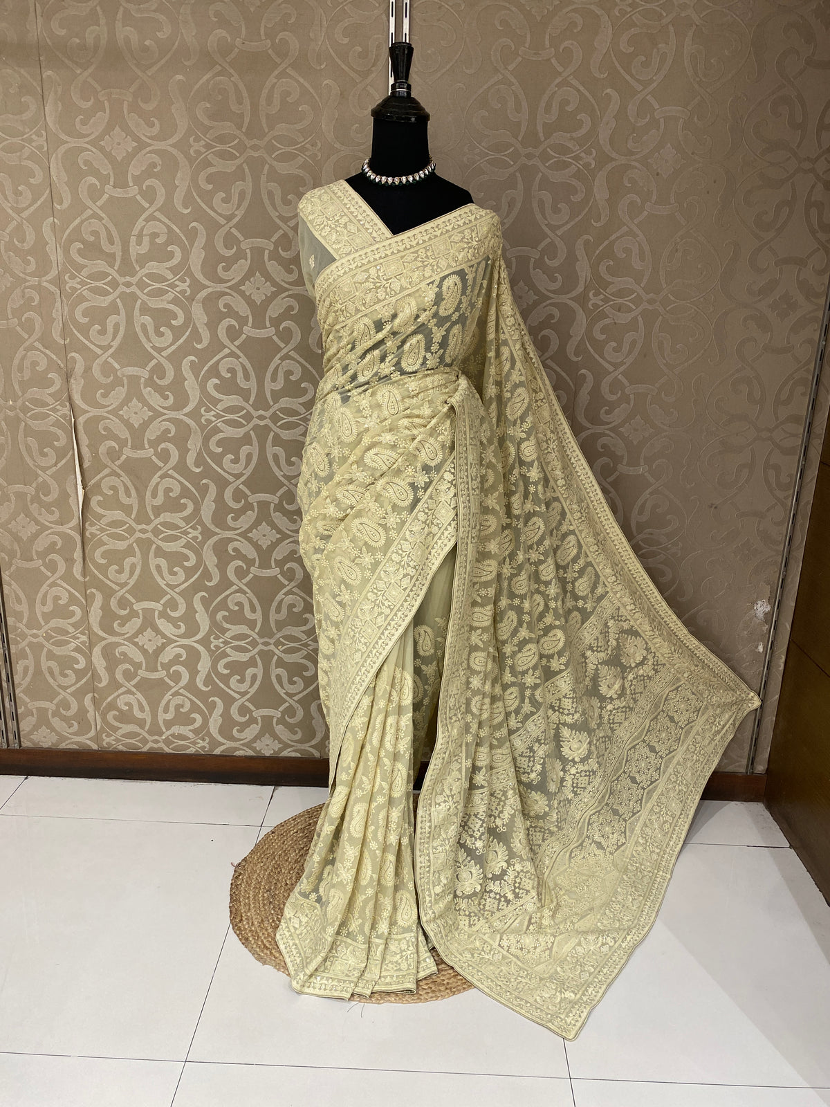 Off-White Yellow Georgette Chikankari Embroidery Saree, With Unstitched Blouse