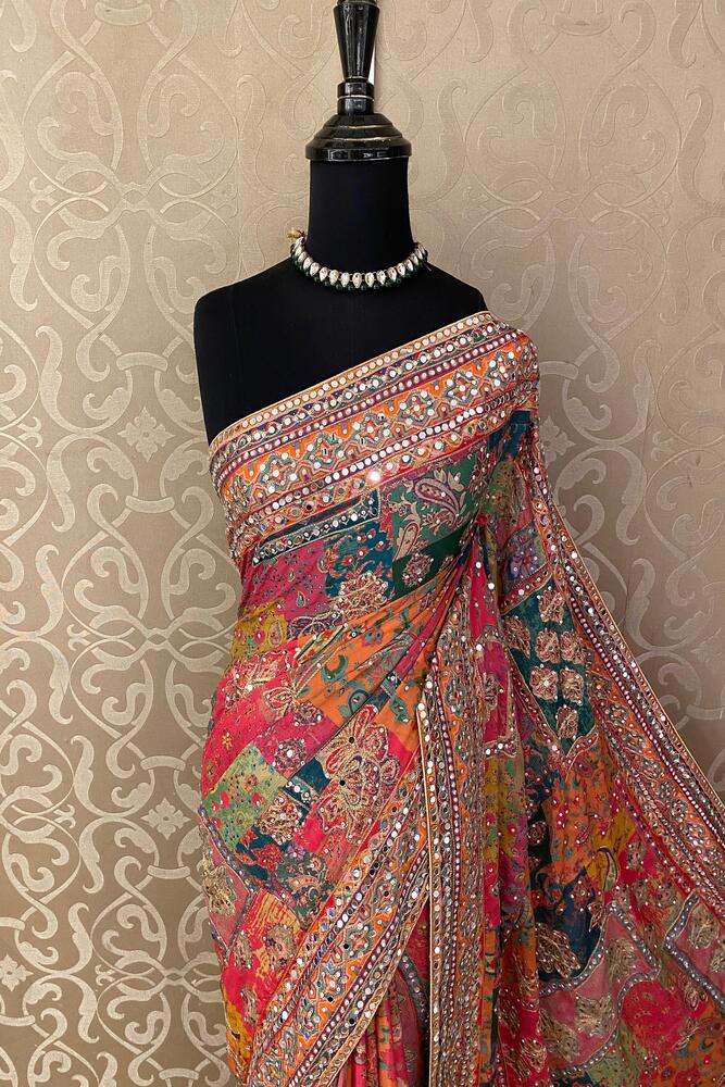 Multi Crepe Georgette Saree With Mirror Work, With Unstiched Blouse