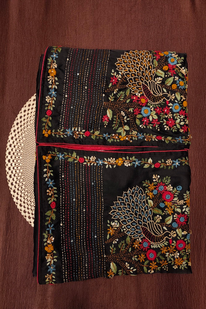 Black Semi Munga Silk French Knot Hand Embroidery Work Saree, With Unstiched Blouse