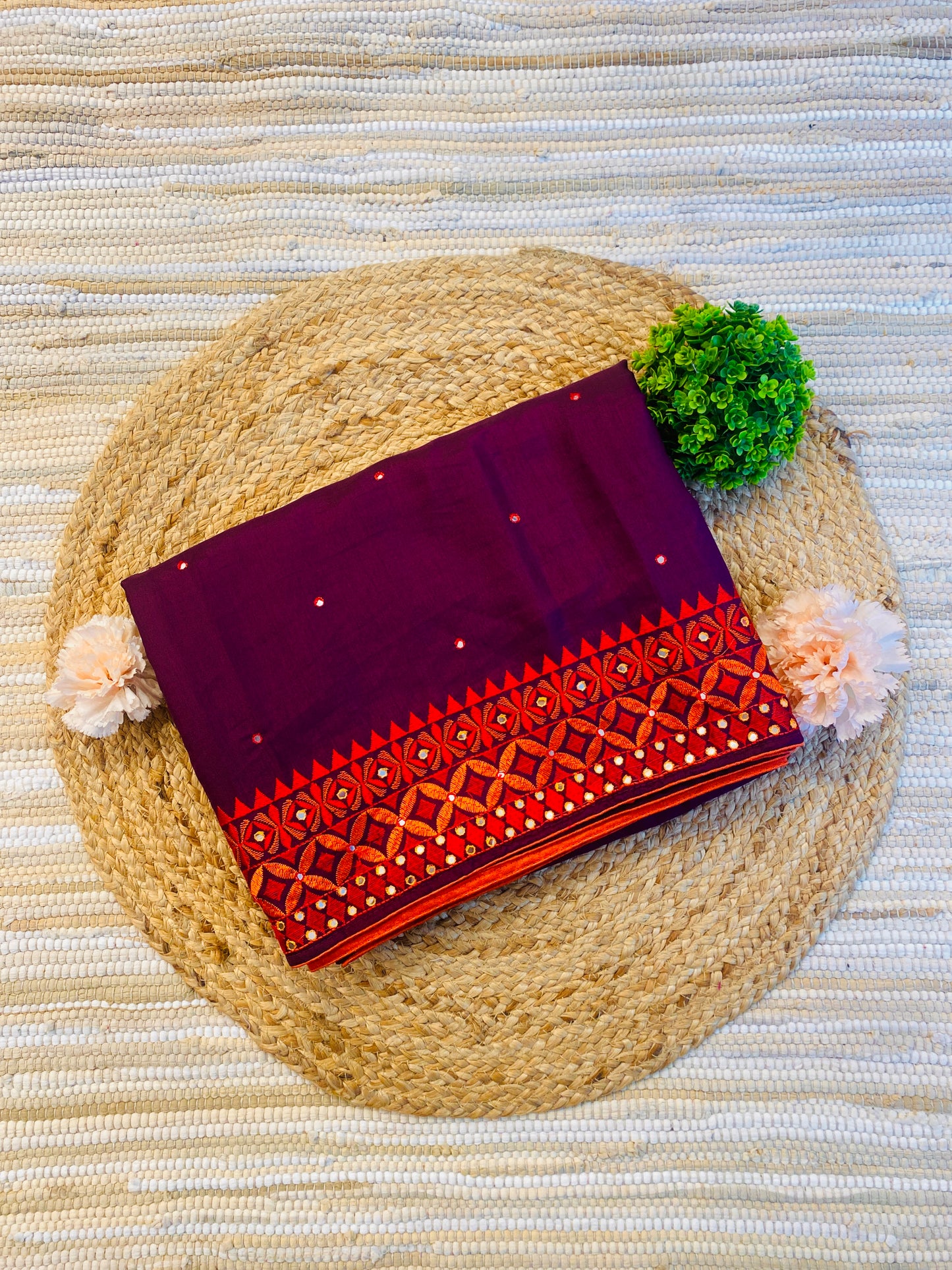 Purple Semi Munga Silk Cross Stitch Embroidery Work Saree, With Unstiched Blouse