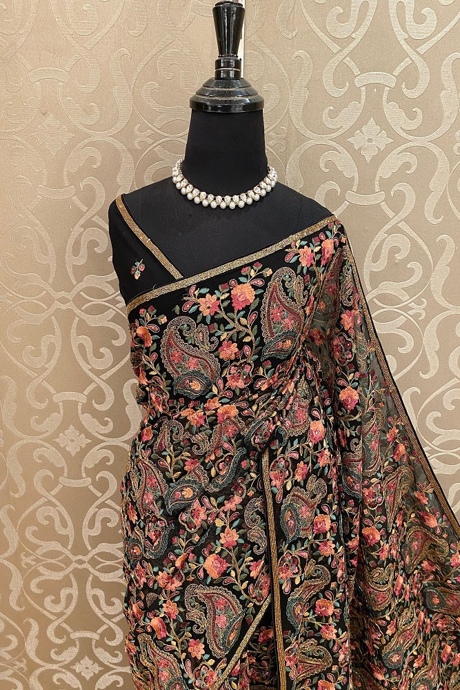 Black Georgette Saree With Kashmiri Work, With Unstiched Blouse