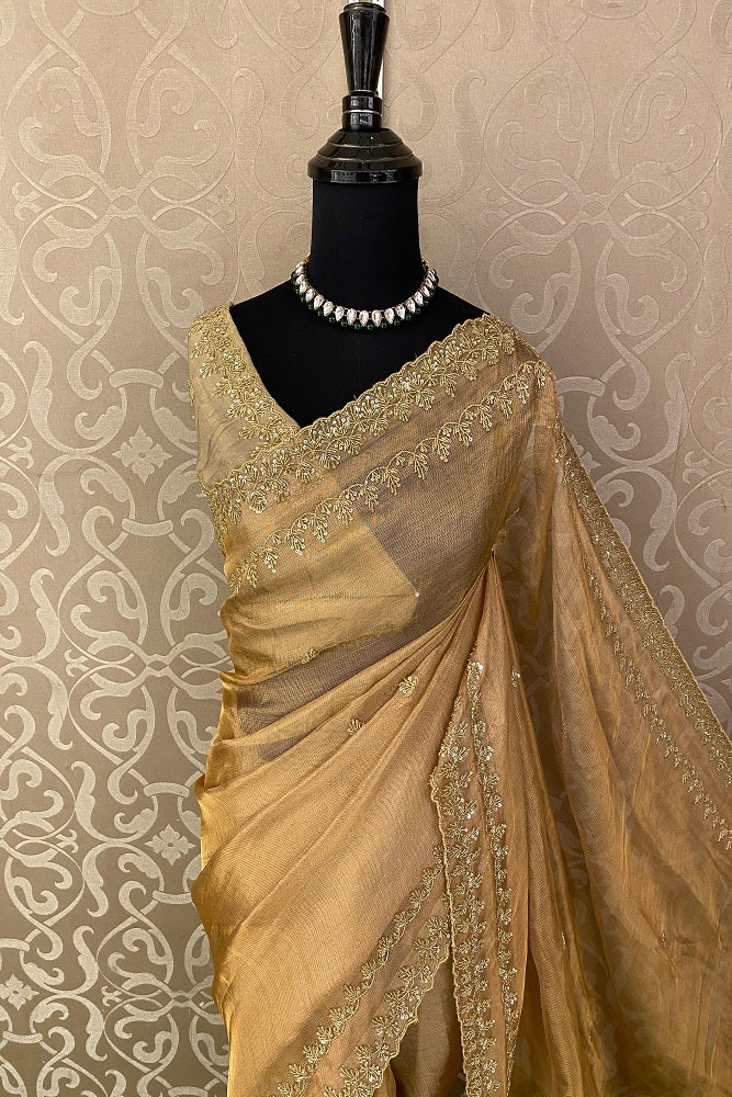 Golden Tissue Embroidery Saree, With Unstiched Blouse