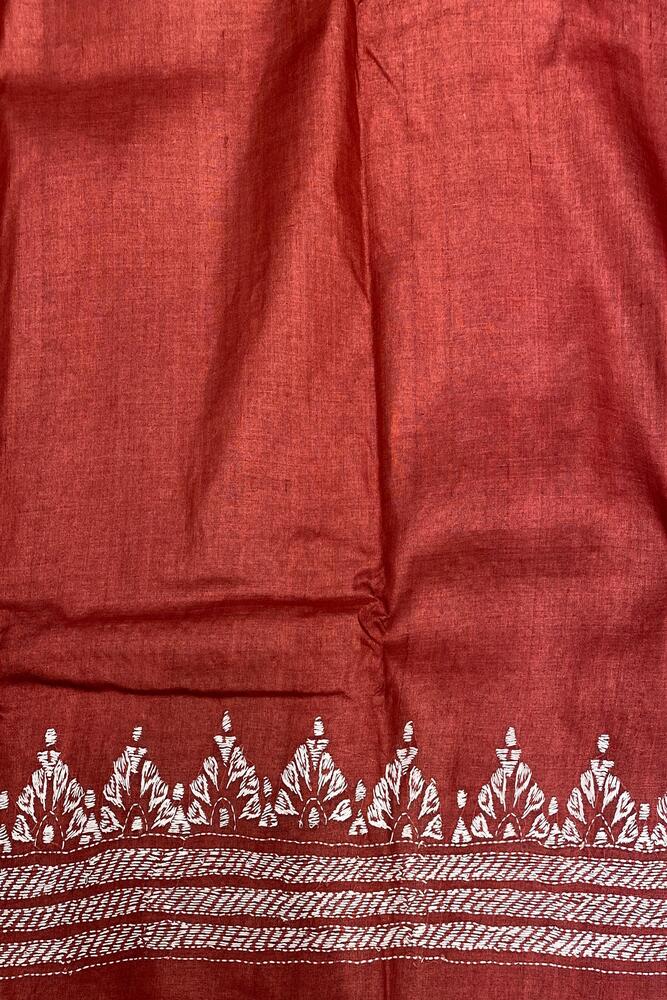 Copper Tussar Embroidery Saree With Kantha Work Border, With Unstitched Blouse
