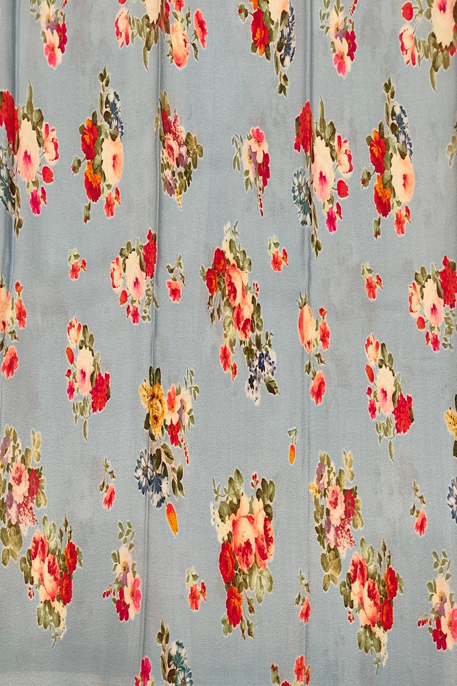 White Sky Stripe Floral Printed Chiffon Saree, With Unstiched Blouse Piece