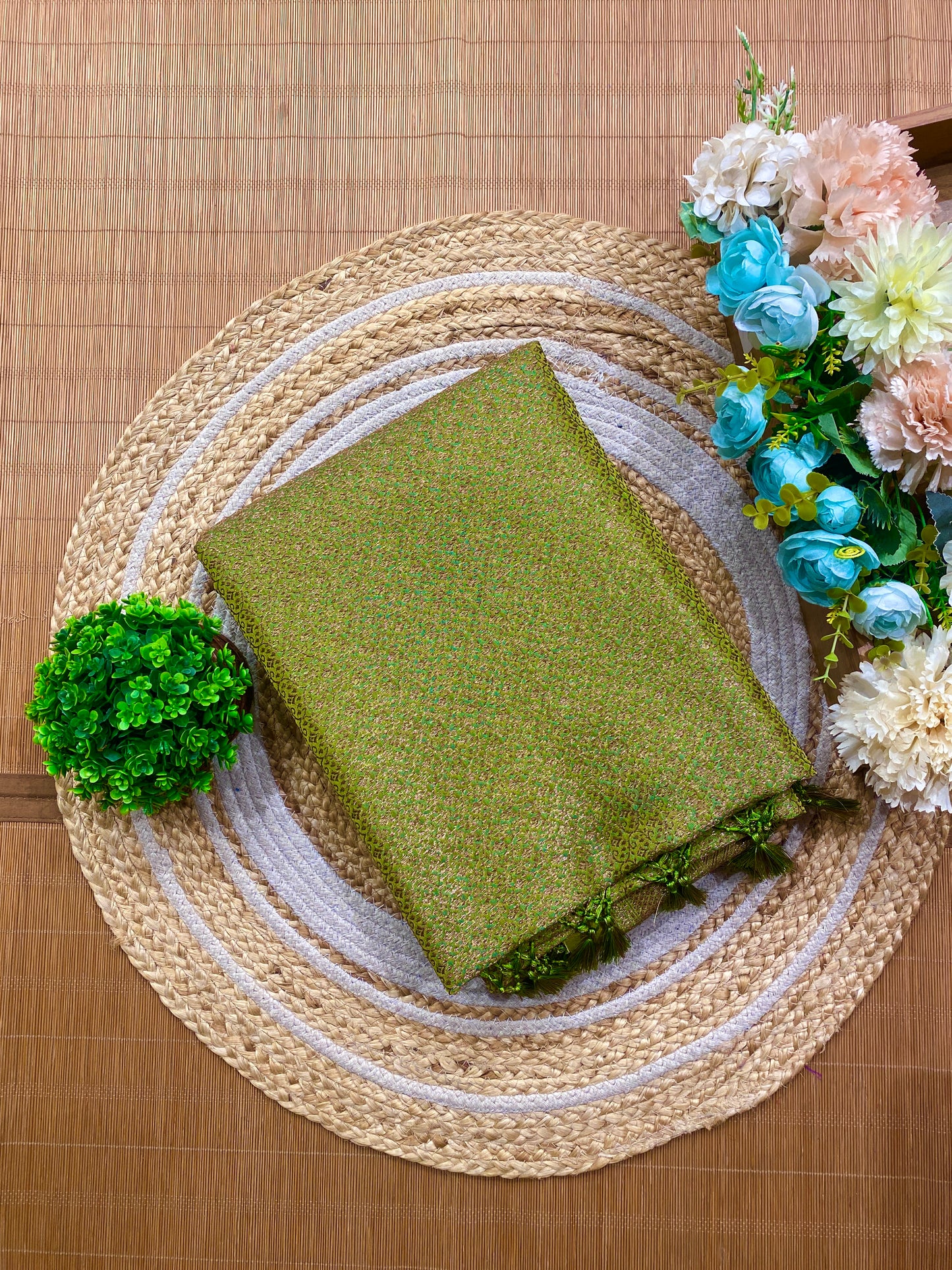 Light Green Semi Katan Brocade Silk Saree, With Unstiched Blouse