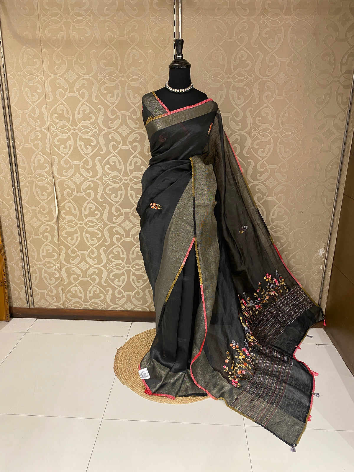 Black Linen Silk Saree Hand Embroidered Work, With Unstiched Blouse