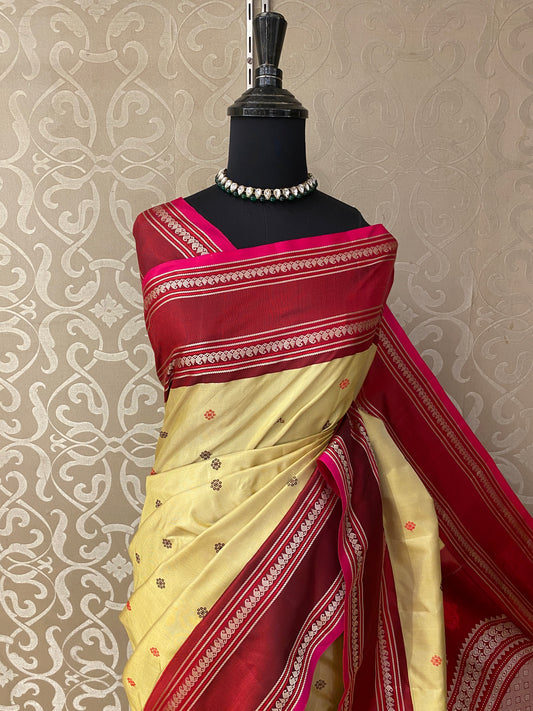 Cream Gadwal Silk Sarees With Unstiched Blouse