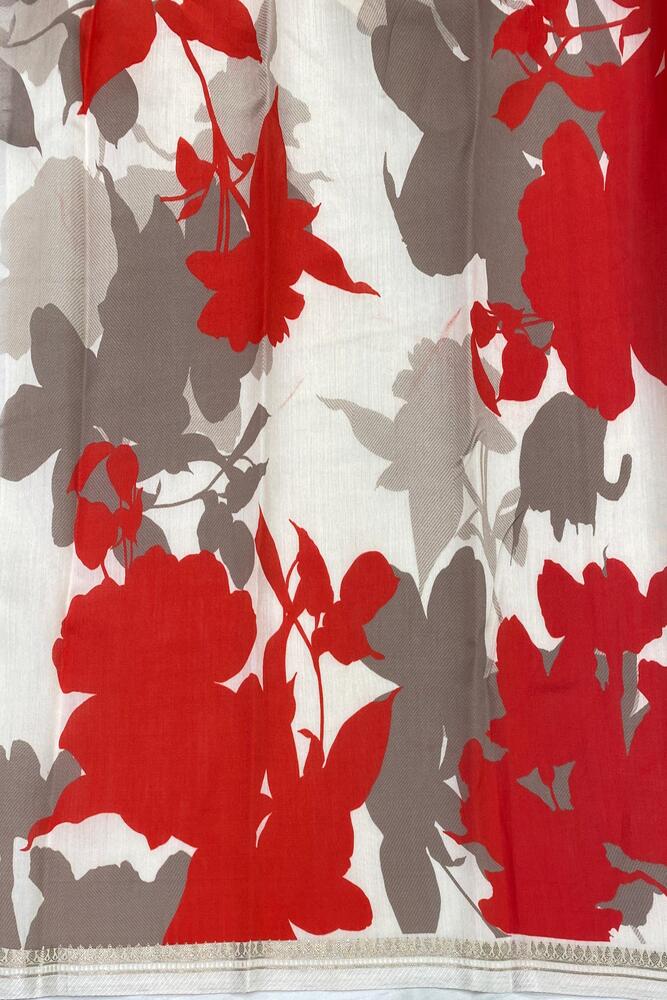 White & Red Floral Printed Organza Saree, With Unstiched Blouse