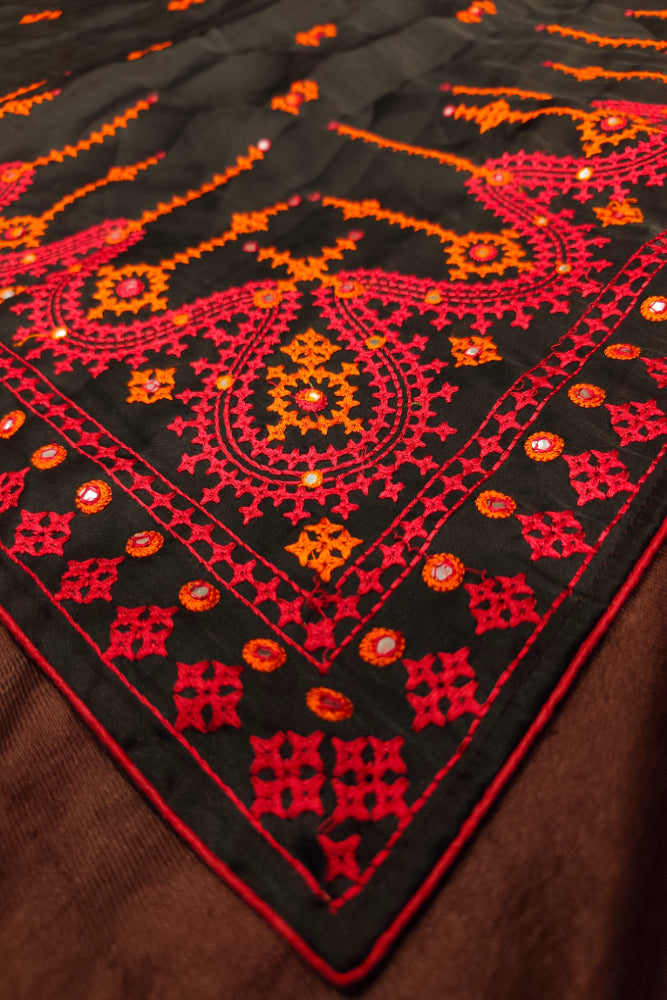 Black Semi Munga Silk Cross Stitch Work Saree, With Unstiched Blouse
