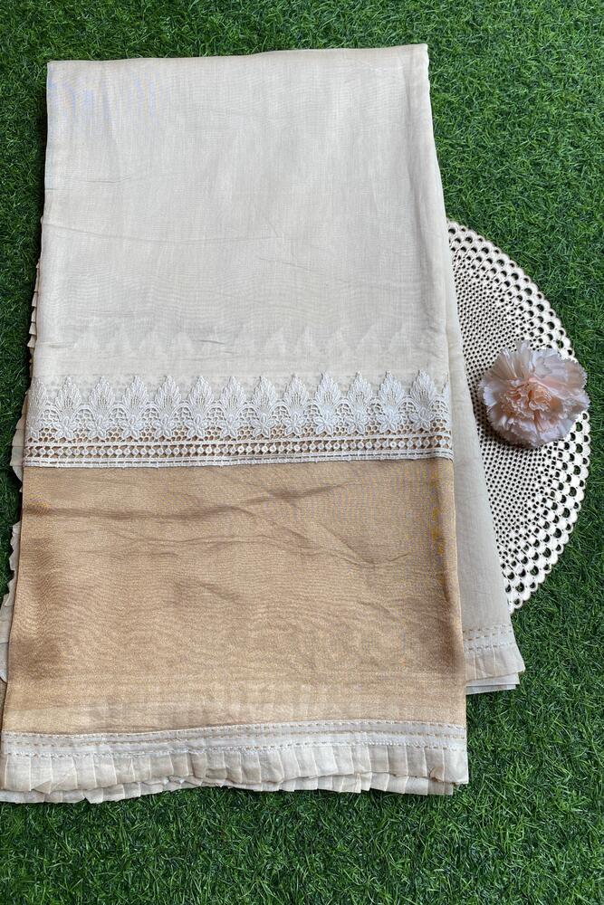 Off-White Beige Munga Khaddi Saree, With Unstiched Blouse