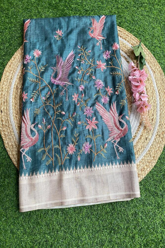 Royal Blue Tussar Cotton Resham Work Saree, With Unstiched Blouse