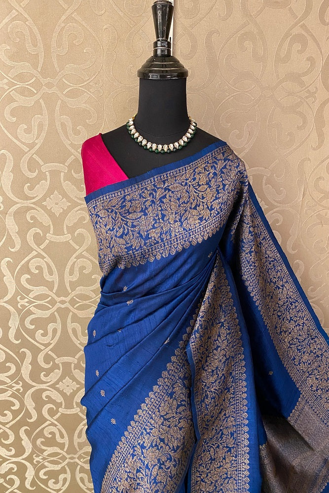 Blue Pure Raw Tussar Banarasi Silk Saree, Hand Woven Motifs With Unstiched Blouse
