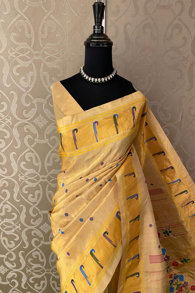 Yellow Gadwal Silk Sarees With Paithani Work, With Unstiched Blouse