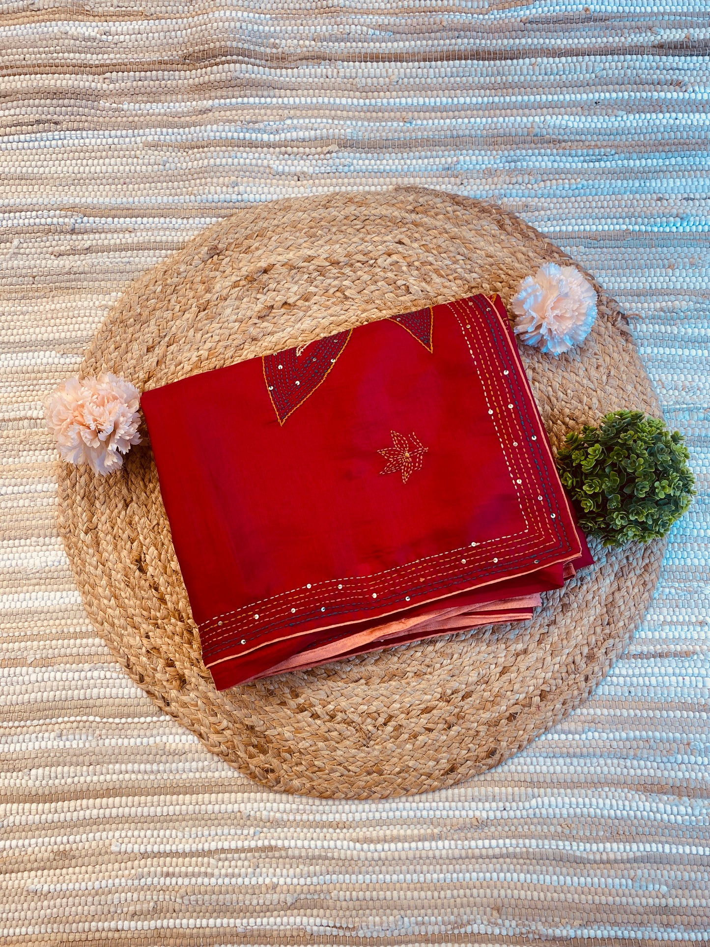 Maroon Semi Munga Silk French Knot Hand Embroidery Work Saree, With Unstiched Blouse