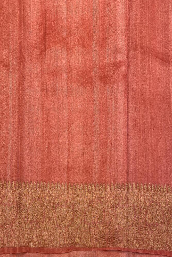 Off-White Tussar Banarasi silk saree from Saarang Sarees with hand-woven motifs and an unstiched blouse for traditional wear.