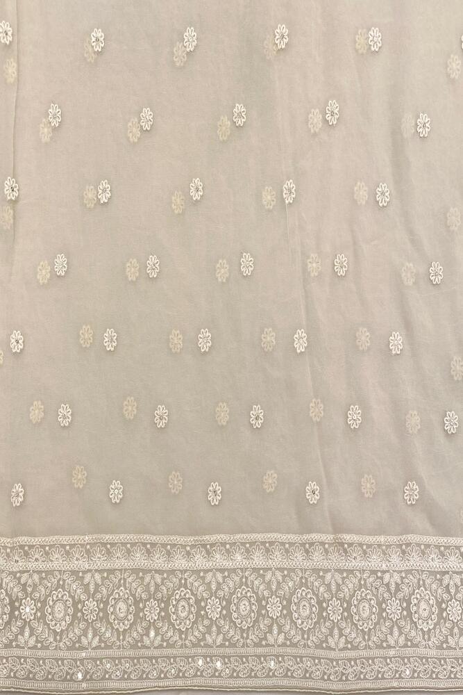 Off-White Georgette Chikankari Saree, With Unstiched Blouse