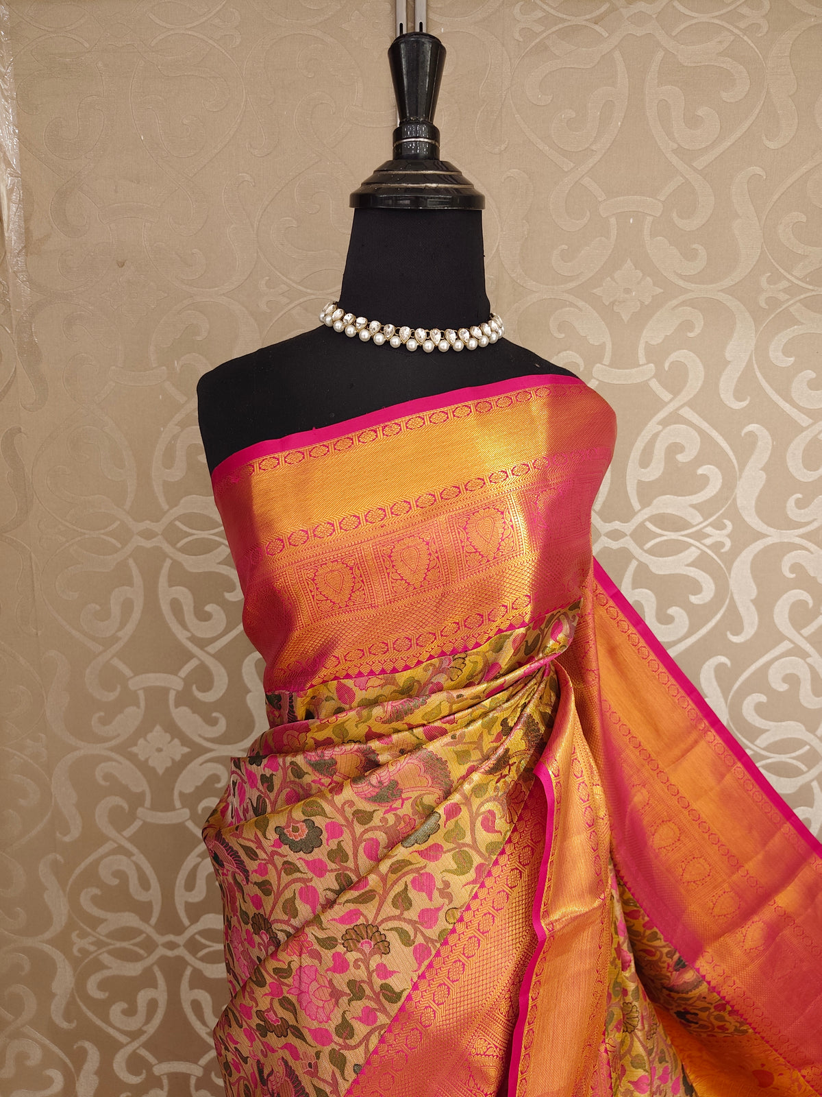 Golden Pure Kanjeevaram Silk Saree, With Unstiched Blouse