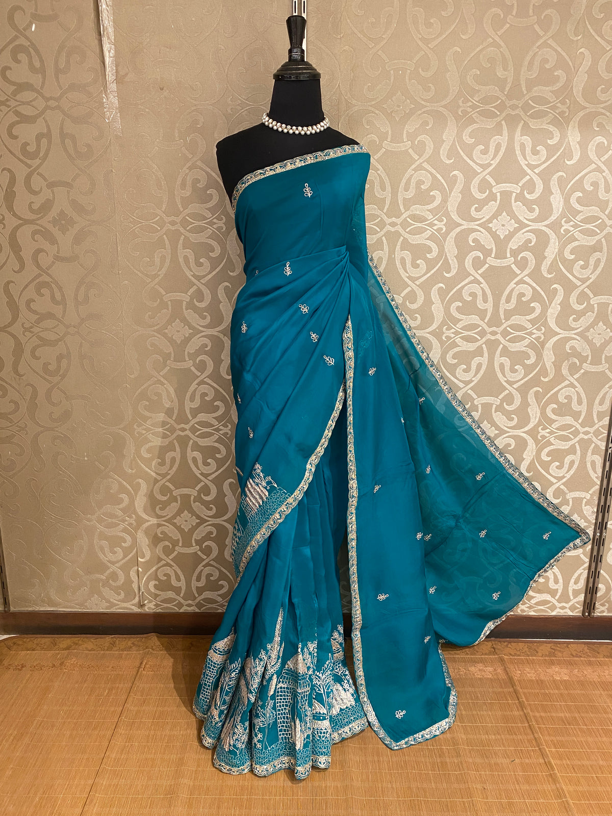 Teal Blue Organza Silk Embroidery Saree, With Readymade Blouse