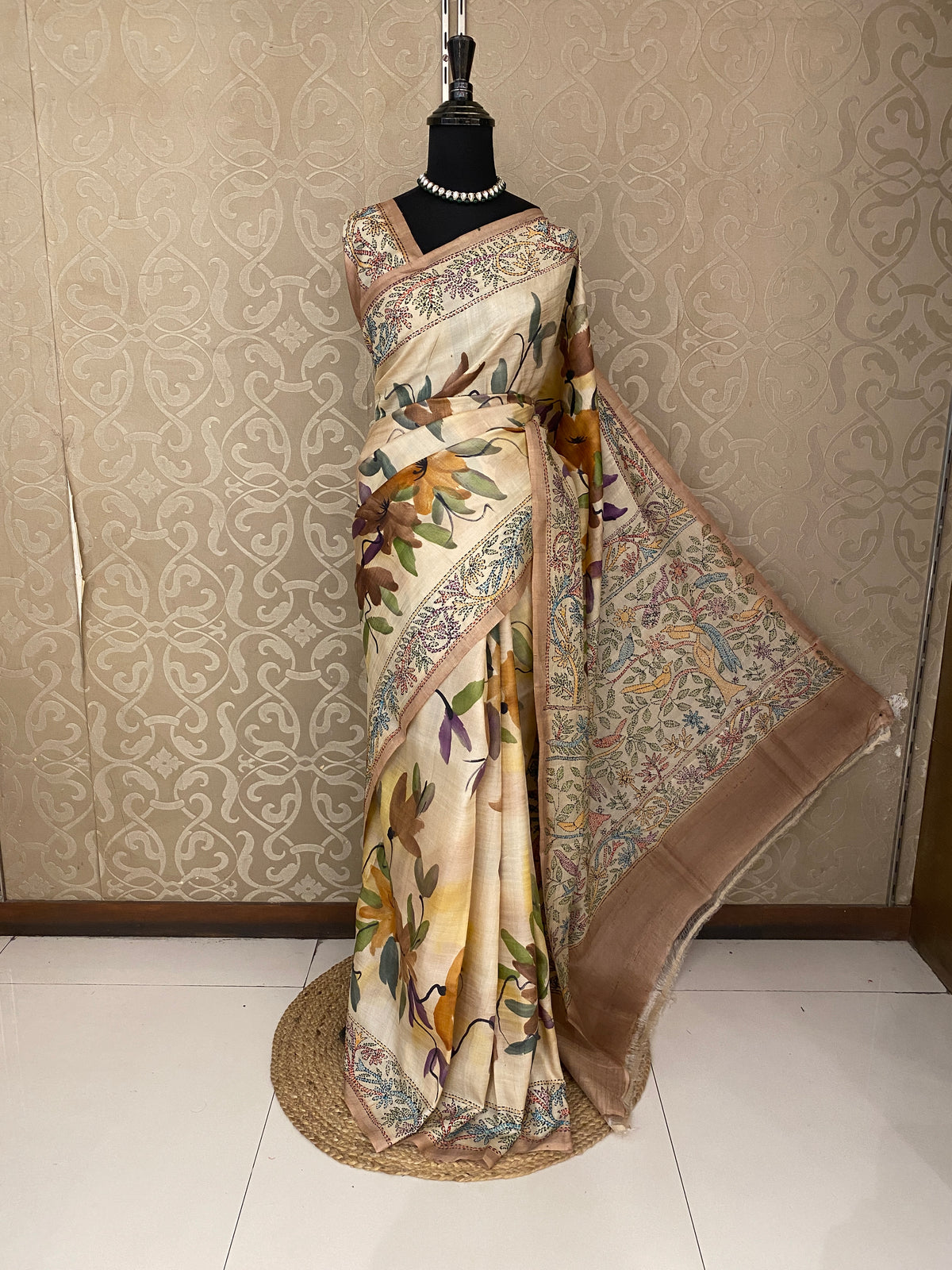 Off-White Tussar Hand Print Kantha Work Border Saree, With Unstitched Blouse