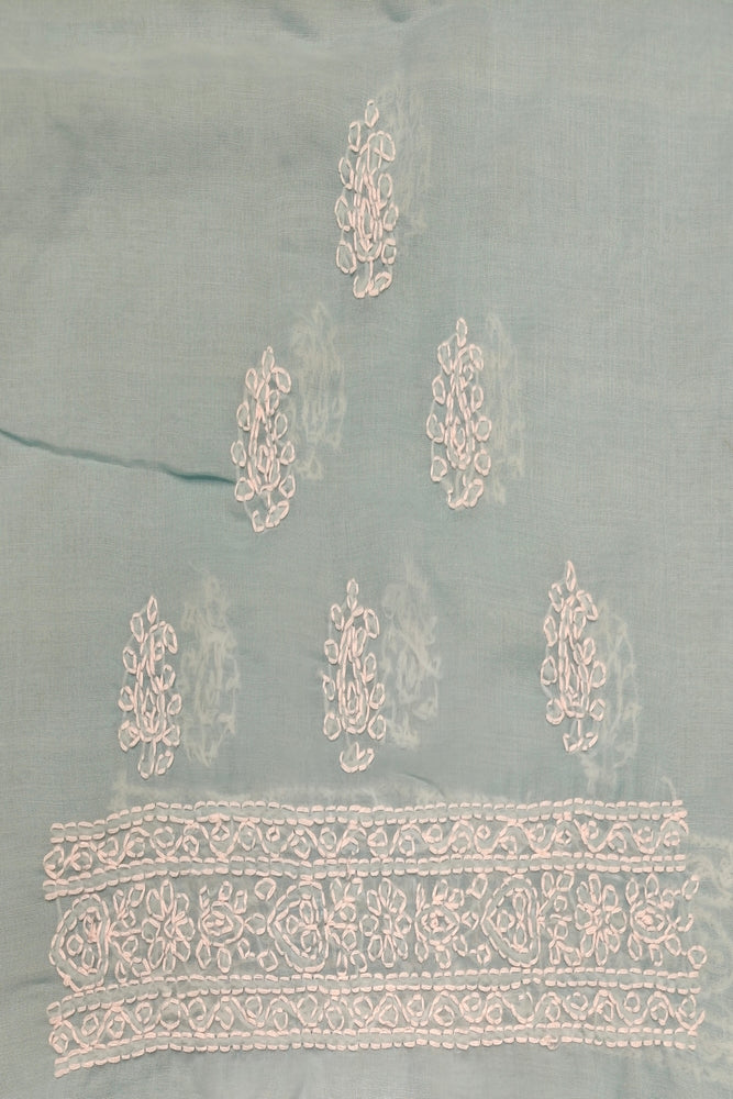 Sky Cotton Saree With Chikankari Embroidery, Unstitched Blouse