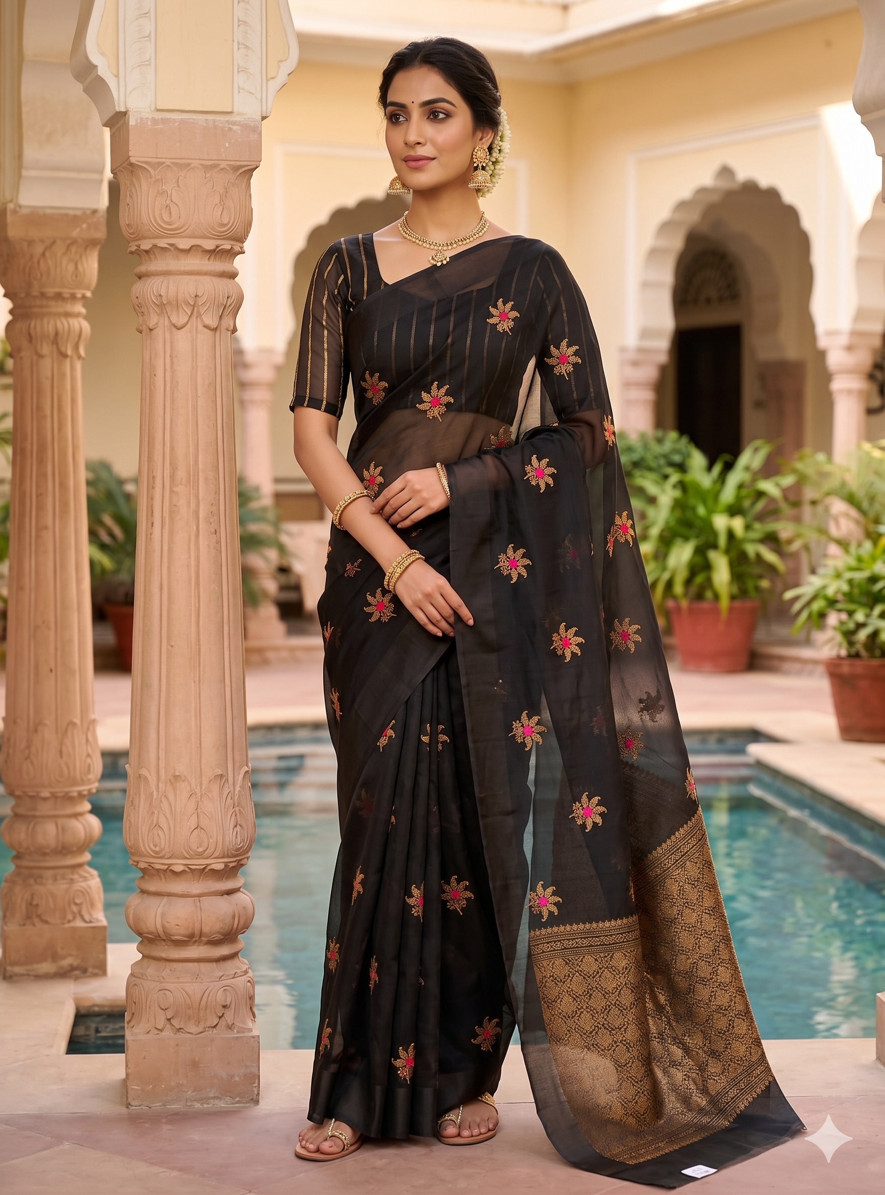 Black Kora Banarasi silk saree with intricate gold patterns and matching unstiched blouse, traditional Indian wear by Saarang Sarees.