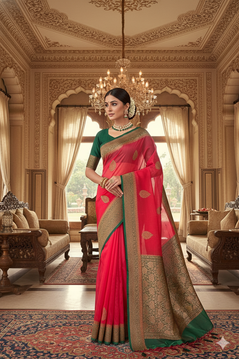 Red Kora Banarasi Silk Saree, With Unstiched Blouse