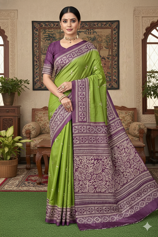 Lime Green & Purple Tussar Embroidery Saree With Kantha Work Border, With Unstitched Blouse