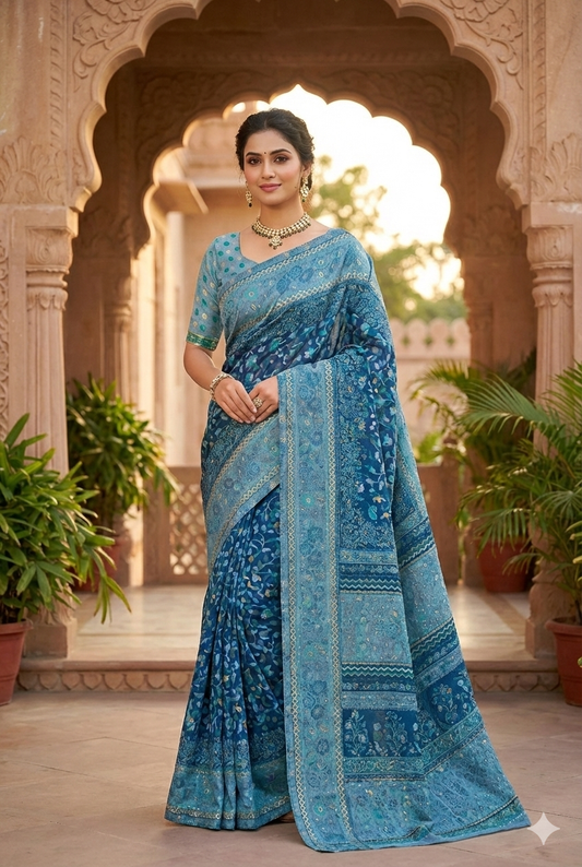 Deep Blue Pure Kani Handloom Silk Saree With Unstiched Floral Woven Blouse